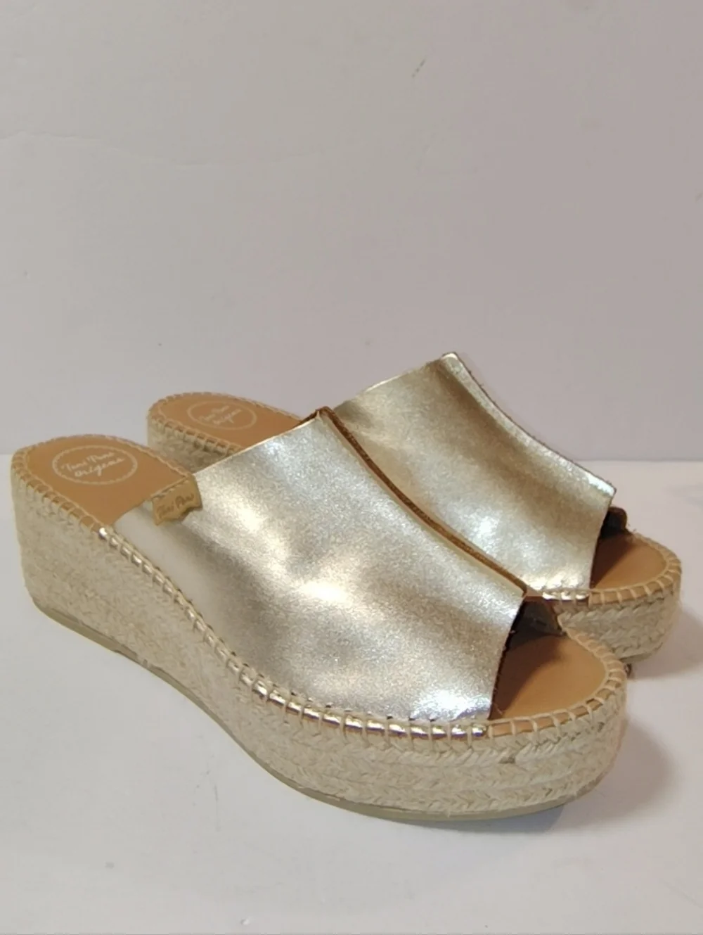 NWOB Toni Pons Ivonne Leather Espadrille Platform Wedge Slide Sandal Platinum 42